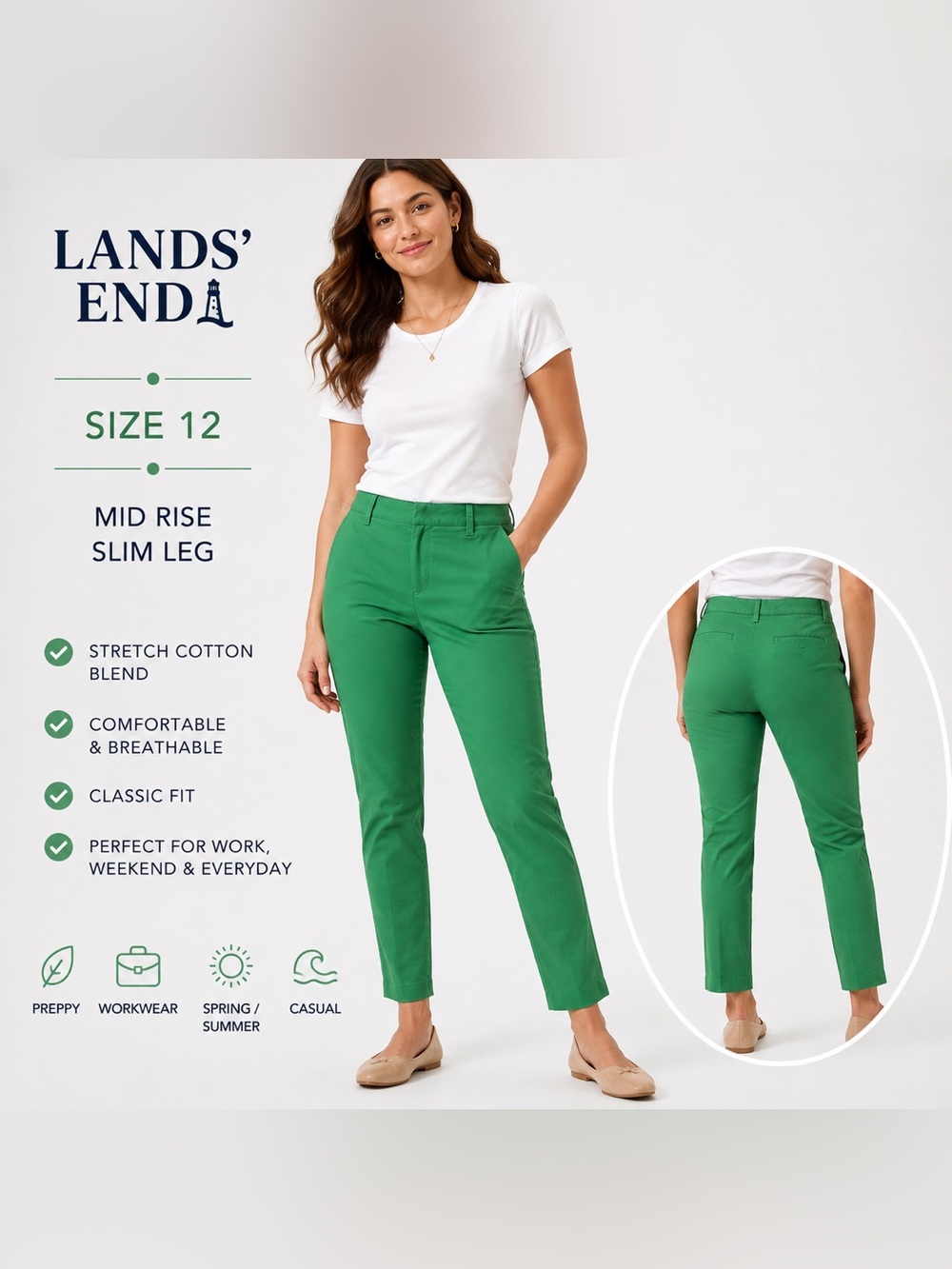 Lands’ End Women’s Green Mid Rise Slim Leg Stretch Ankle Pants Preppy cotton/12